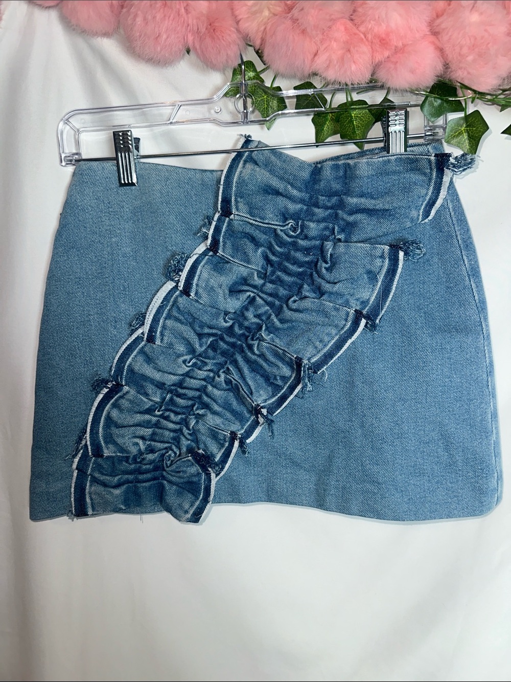 Zara Light Blue Ruched Denim Mini Skirt